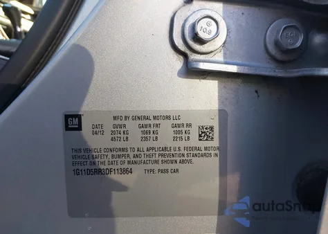 2013 Chevrolet Malibu Eco из США, поврежденный, VIN 1G11D5RR3DF113864